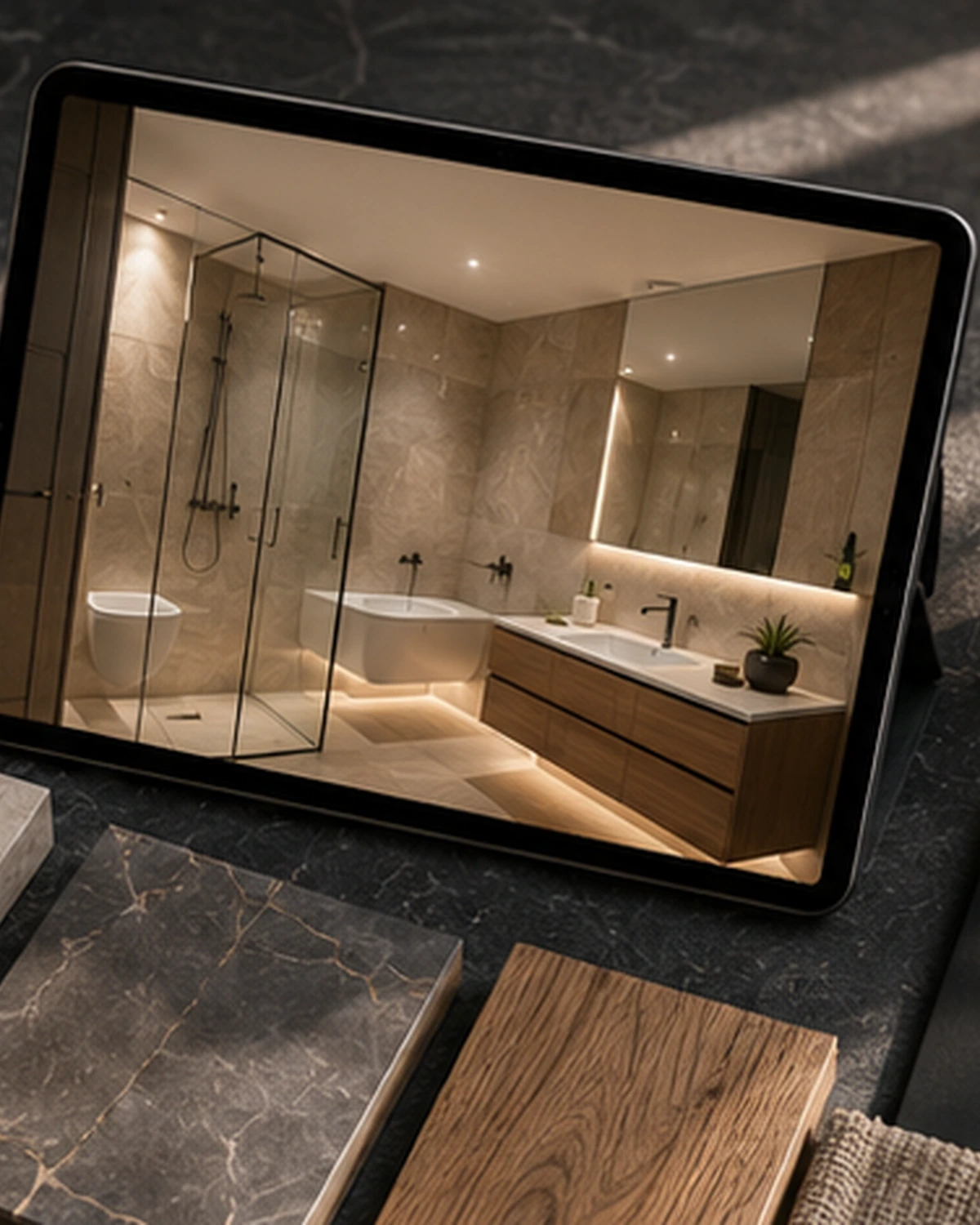 CGI material test before ordering renovation finishes with tablet render, tile, wood veneer, fabric and metal sample