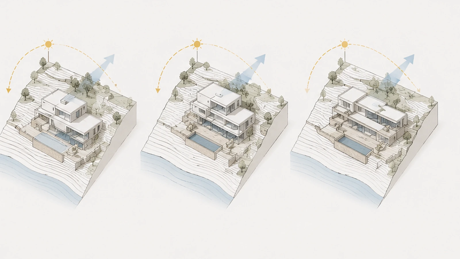 Concept options before permit diagram with three villa massing studies and view arrows