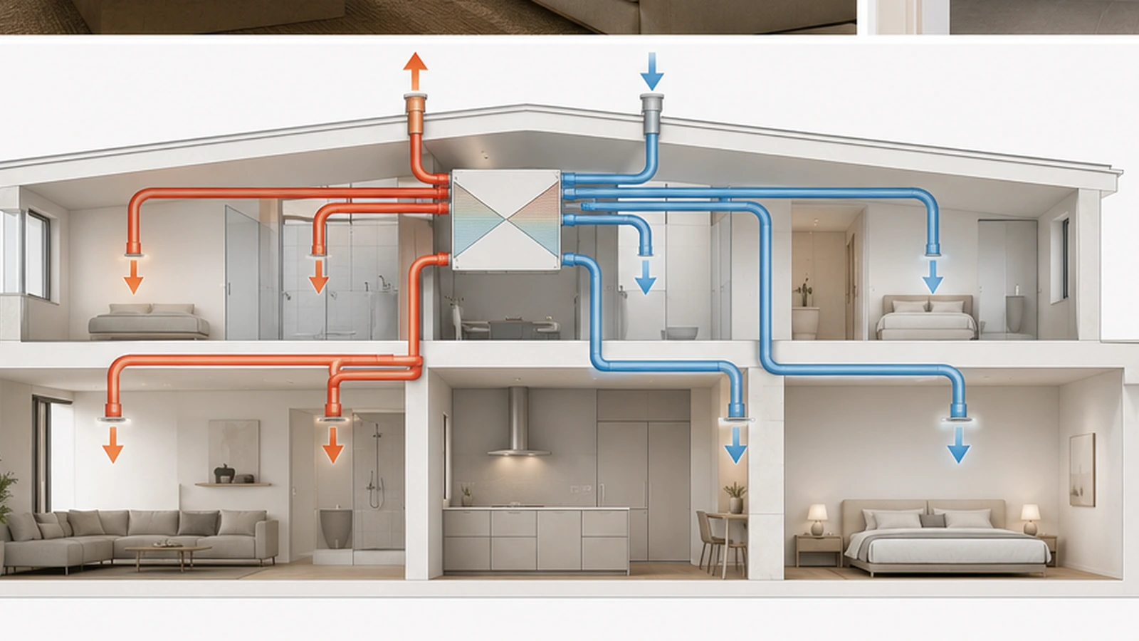 Diagram of heat recovery ventilation air supply, extract paths and HRV core