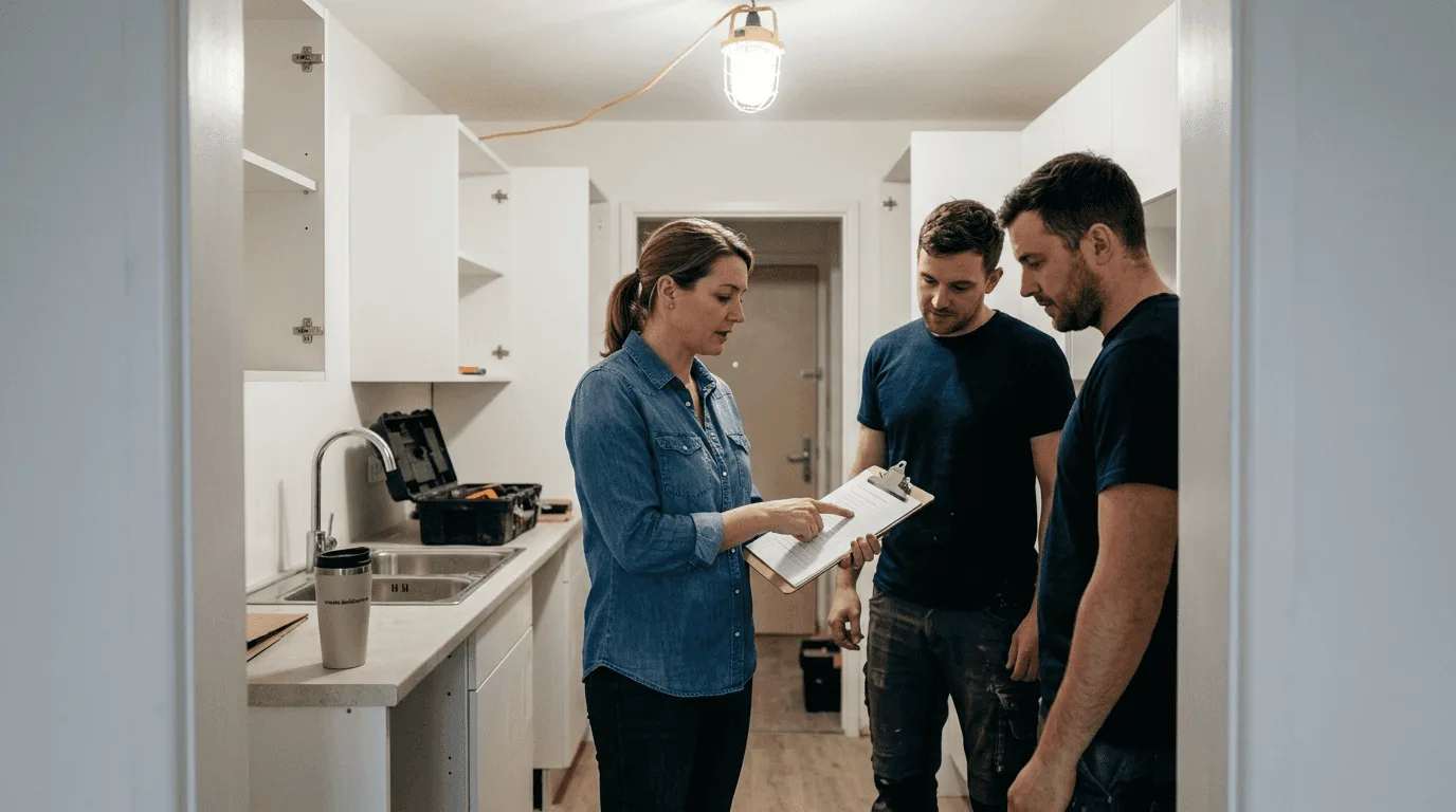 Project manager leading renovation review onsite