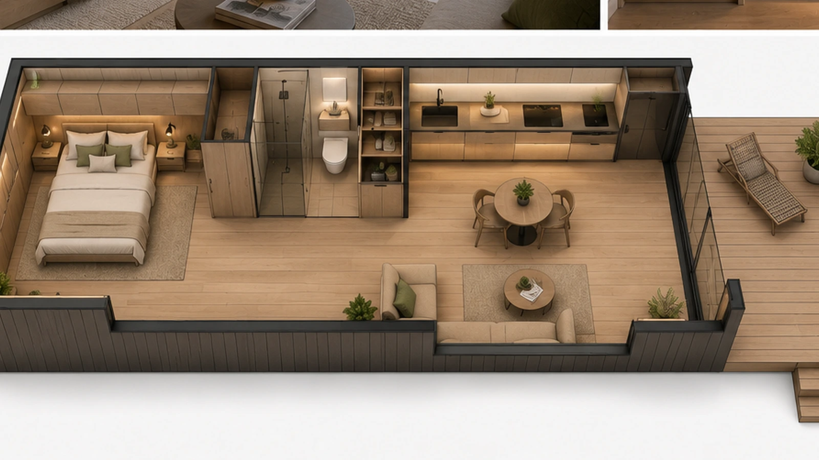 Axonometric layout diagram of compact modular cabin with bed, bathroom, kitchenette, storage, terrace and circulation