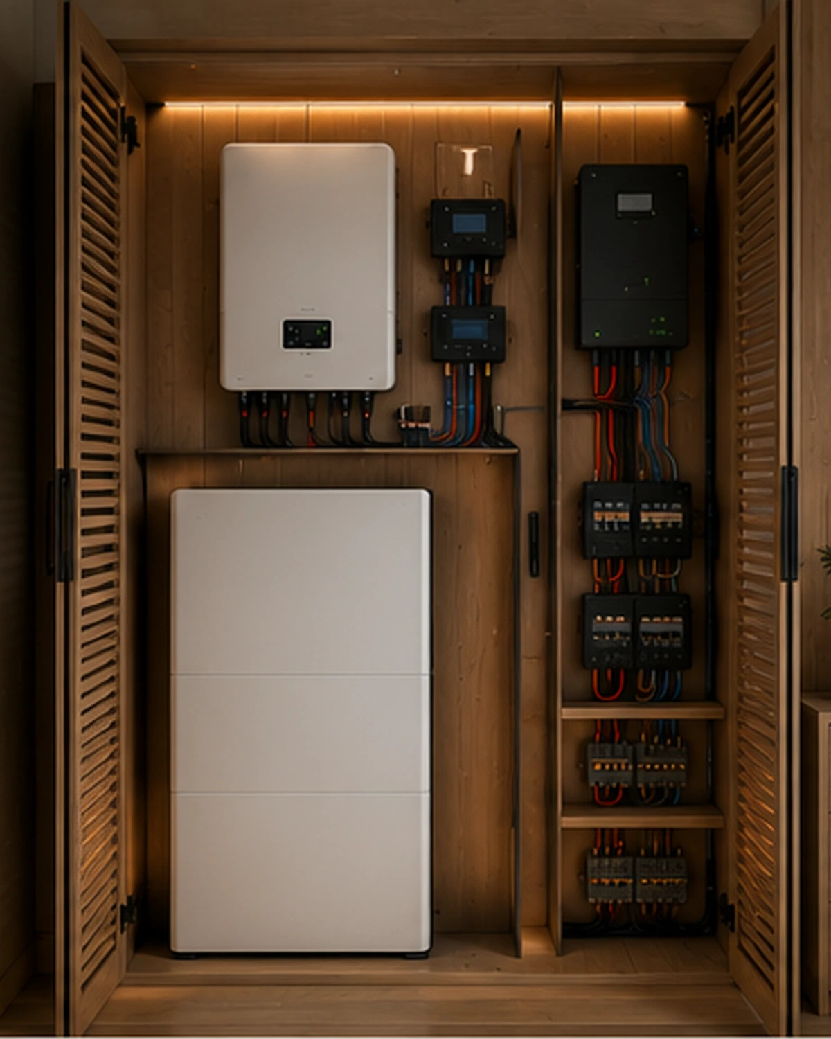 Solar battery technical cabinet for an off-grid modular home with clean wall-mounted battery and inverter routing