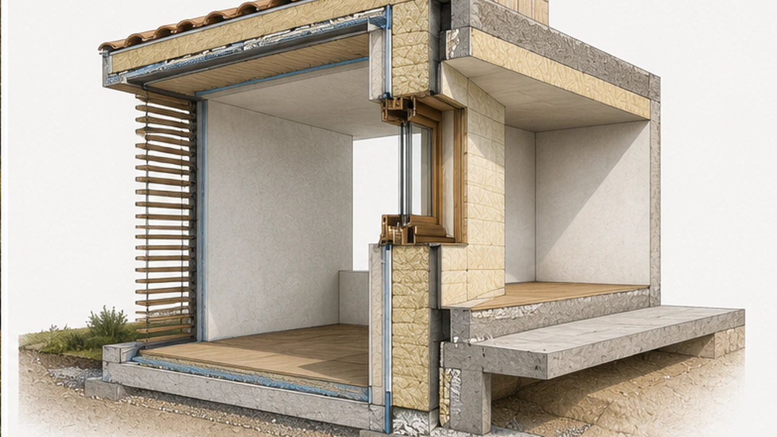 Passive House envelope section showing insulation, airtightness, window and shading strategy