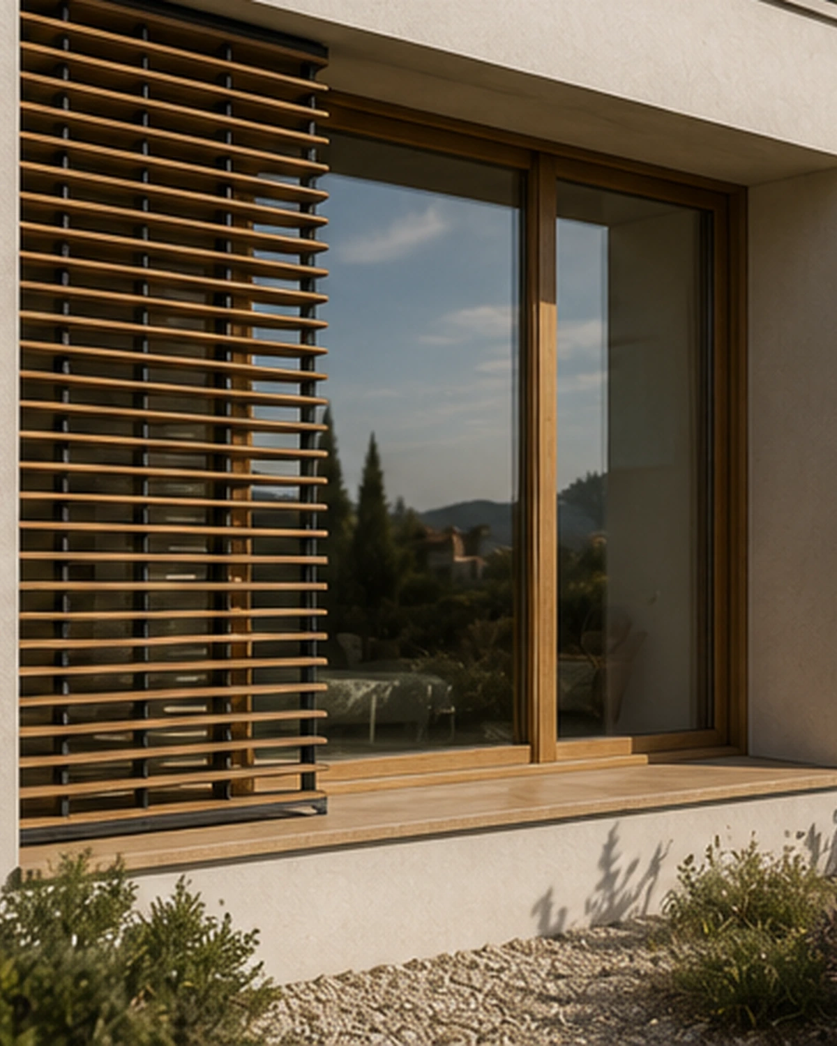Passive House window and external shading detail on a Croatian villa facade