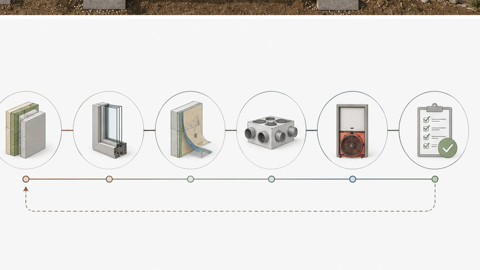 Passive House villa QA diagram with envelope, windows, airtightness, HRV and commissioning