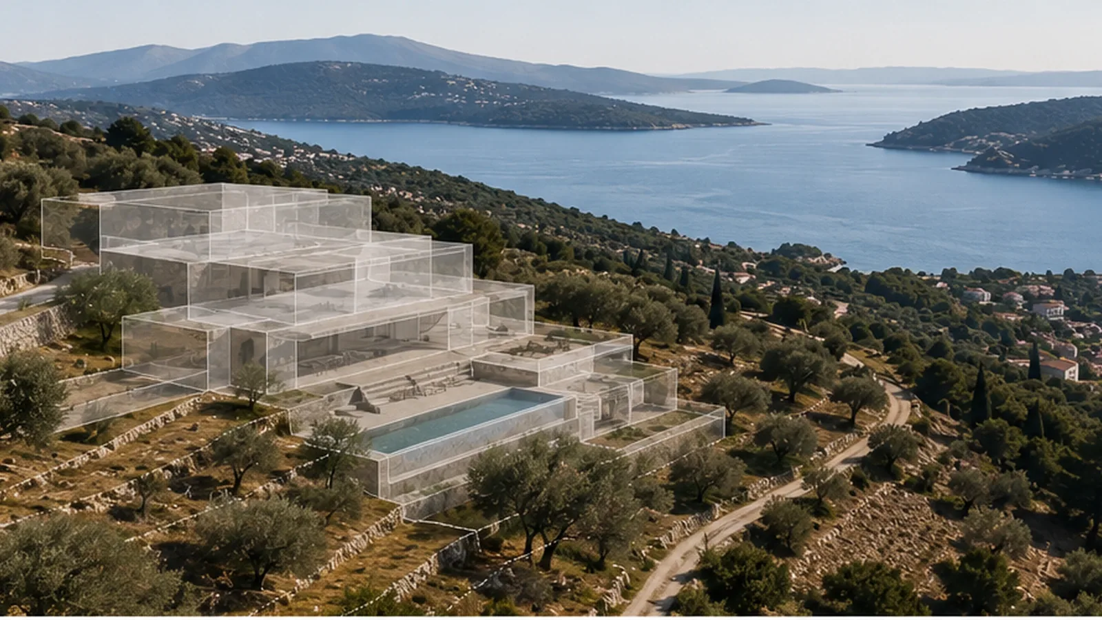 Plot feasibility Croatia with hillside coastal land and transparent villa massing study