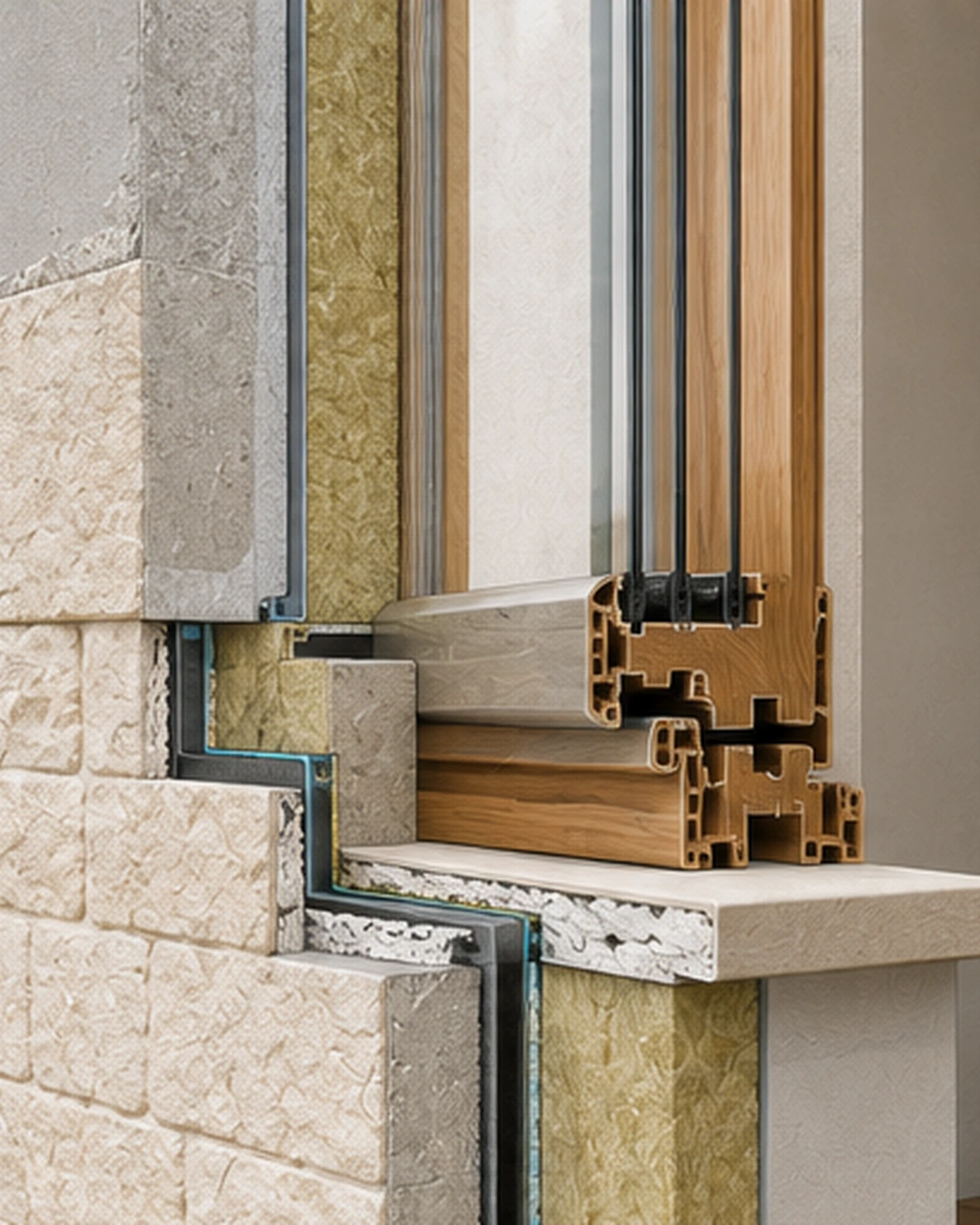 Window junction detail showing insulation overlap, airtight layer and thermal bridge risk