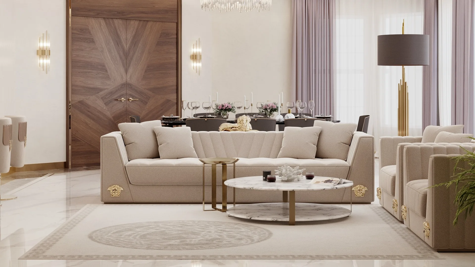 Versace apartments luxury kitchen island with marble countertop, gold chandelier and flower bouquet by Danica Space